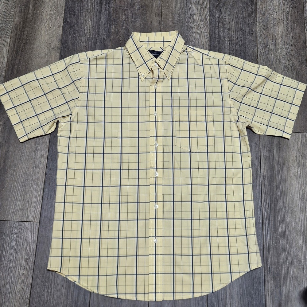 Men's Yellow Plaid‎ Short Sleeve Button Up Medium 15/15 1/2 Dress Casual Shirt